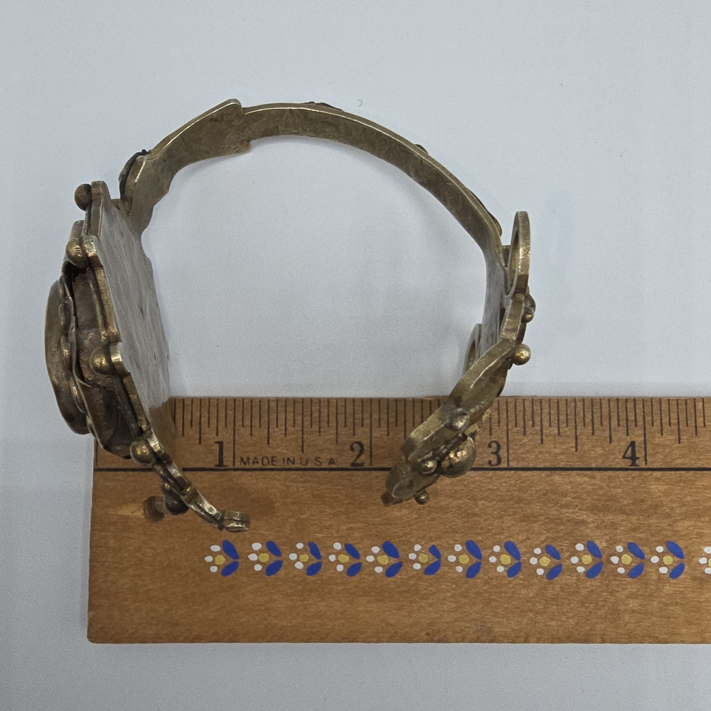 VTG Brass Cuff Blue Stones Cabochons Modernist Artisan Statement Bracelet 75g - Picture 16 of 16